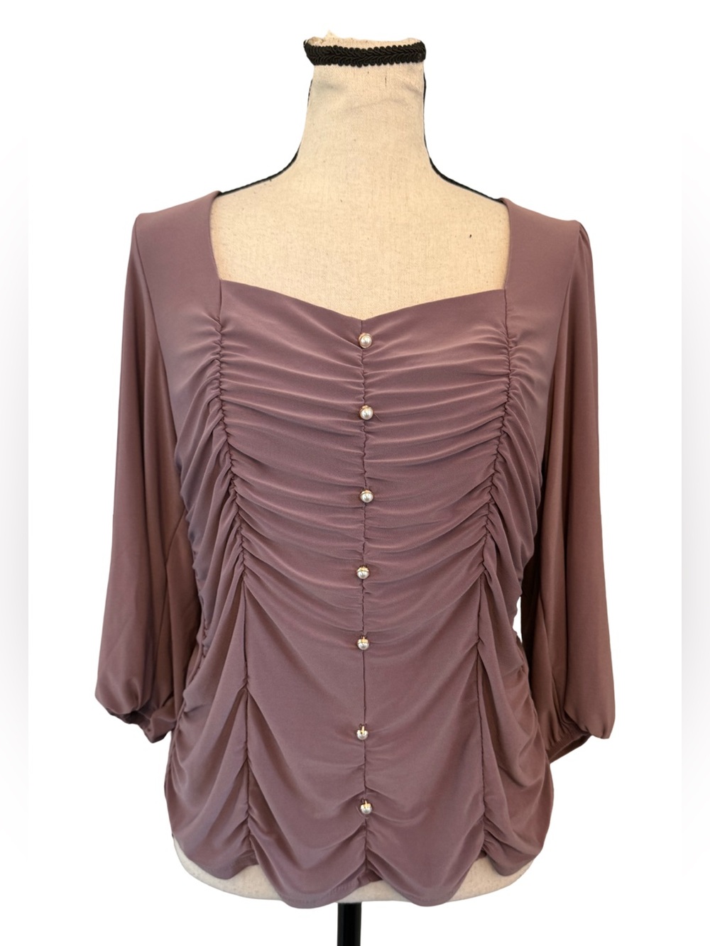 Perseption Concept Mauve Ruched Pearl Button Square Neck Blouse Large